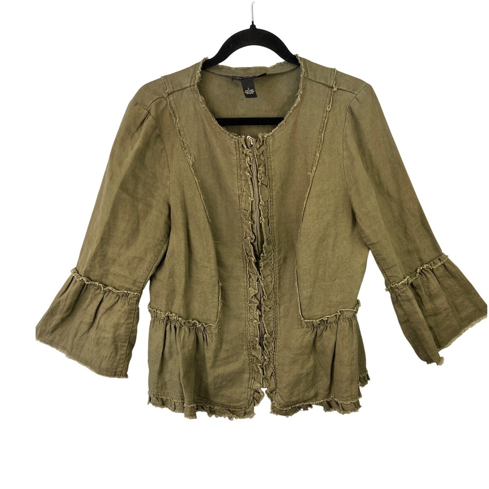 INC Olive Green Linen Jacket Size L Peplum Hem Lagenlook Coastal Minimalist - Picture 2 of 7